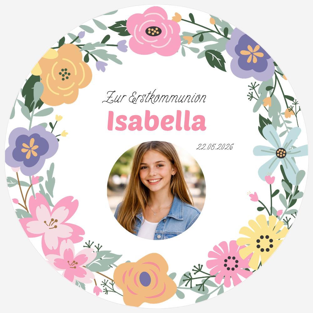 Foto Tortenaufleger Rund Firmung/Kommunion Blumen