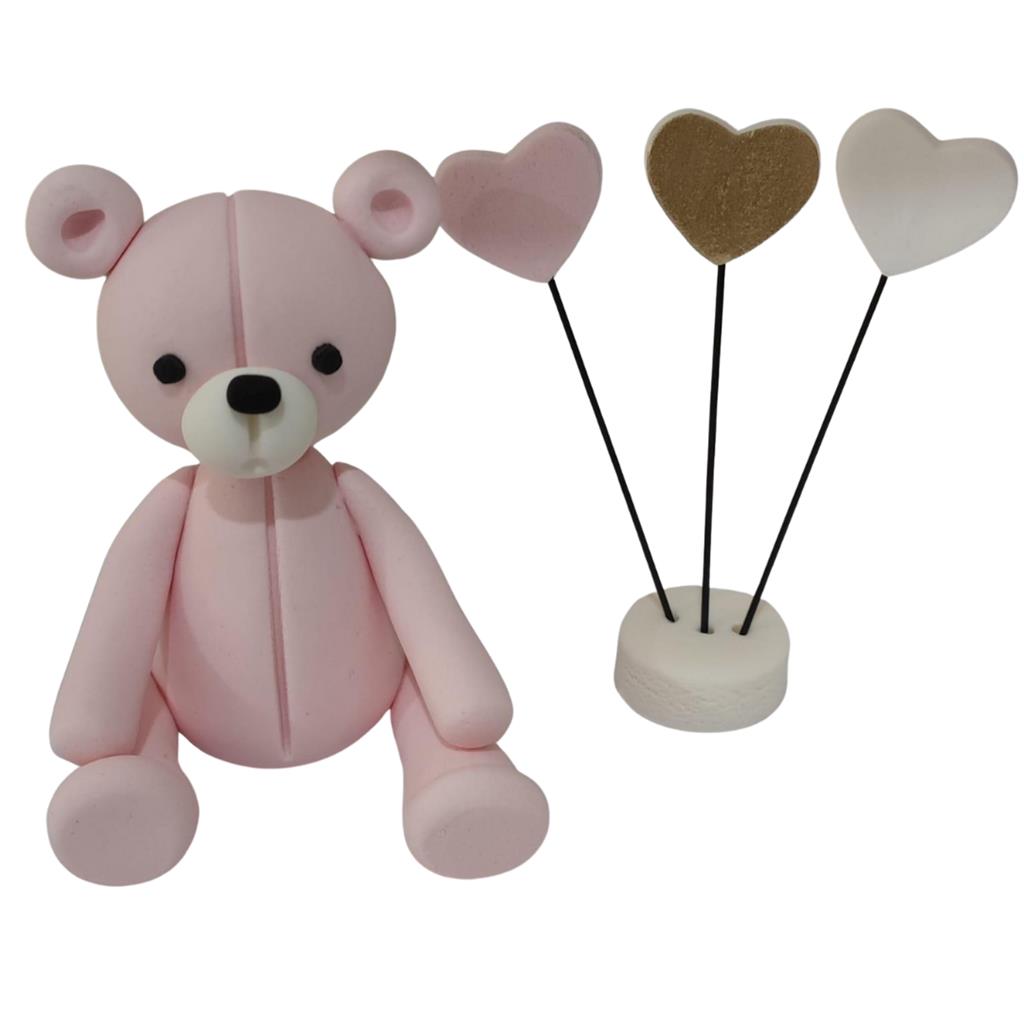 BÄR SITZEND ZUCKERFIGUR ROSA MIT 3 STK. TOPPERN