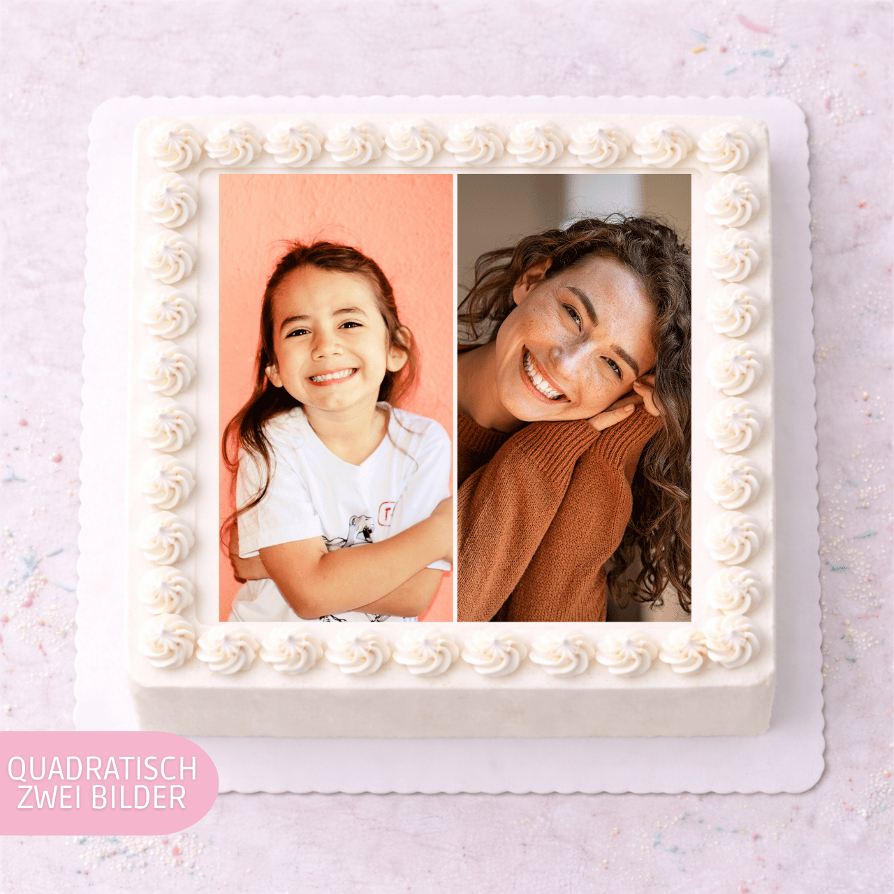 Foto Tortenaufleger Quadratisch mit zwei Bildern