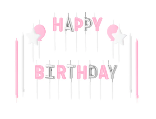 KERZE HAPPY BIRTHDAY ROSA-SILBER