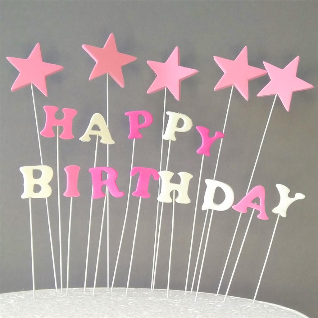 CAKE TOPPER HAPPY BIRTH- DAY STERNE WEISS/ROSA