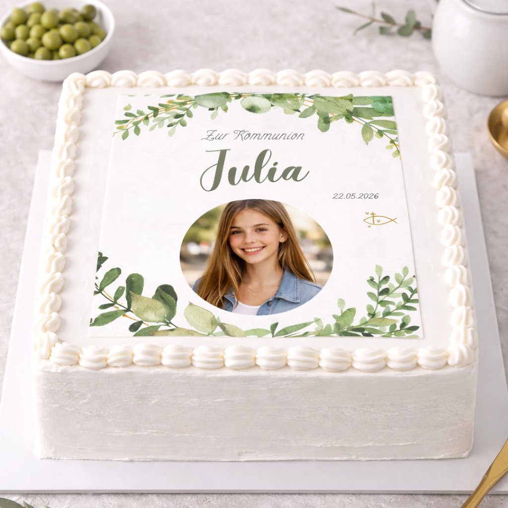 Foto Tortenaufleger Eckig Firmung/Kommunion Blätter Torte