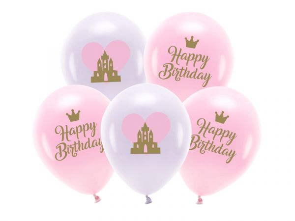 Eco Ballon Happy Birthday Rosa/Weiß/Gold